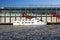 A motorboat in a frozen Hudson river in chelsea piers in nyc