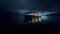 Motorboat with glowing lights parked in a mysterious dark lake. Solitary boat in dark water on a stormy night. Generative AI