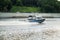 Motorboat racing through the river. Boat police of Russia floating on the Moscow river. Police boat rushing on water surface