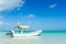 Motorboat and seagulls sitting on it in turquoise water in the Carribean