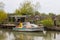 Motorboat in the Ukrainian city of Vilkovo. The city was built in the Danube Delta. People move on the water in boats.