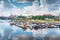 Motorboats moored in marina with view on Pomeranian Dukes Castle and cathedral in Szczecin