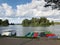 Motorboats and pedal boats available to rent for sightseeing in the lake surrounding the Trakai Island Castle in Trakai, Lithuania