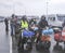 Motorcade waiting for ferry steamer at the wharf,northern ireland