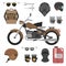 Motorcycle with accessories set. helmets, backpack and motor oil. tools, sunglasses, mask and gloves.