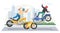Motorcycle accident, vector illustration. Road crash. Two motorbikes collision. Road traffic accident.