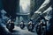 Motorcycle army in middle ages, digital illustration painting artwork