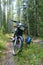 Motorcycle backpack trekking rest forest berries mushrooms picking the sun