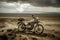 A Motorcycle in a Barren Sandy Desert, with Stormy Clouds Overhead