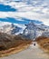 Motorcycle bike on mountain road in the Alps, Valle d`Aosta, Italy, Europe. Motorbiker travelling, active lifestyle, adventure