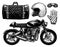 Motorcycle or Bike, retro motor bicycle. Leather bag, helmet and gloves. Hand drawn engraved monochrome sketch for