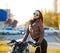 Motorcycle, brown jacket, half height
