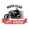 Motorcycle club logo. Emblem design. Red and black illustration of a biker rides a motorcycle