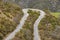 Motorcycle on a curved asphalt mountain road. Travel