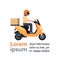 Motorcycle Delivery Service, Man Courier Riding Scooter With Box Parcel Over Template Background