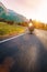 Motorcycle driver riding in Alpine route.