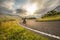 Motorcycle driver riding in Dolomite pass, Italy, Europe.