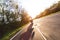 Motorcycle driver riding in European road