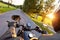 Motorcycle driver riding on motorway