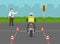 Motorcycle driving practice test with red cones. Llearner motorcyclist practising to ride a bike. Instructor makes a stop gesture.