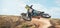 Motorcycle, fearless man and motorcross jump in desert, blue sky and freedom. Driver, cycling and offroad freedom of