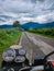 Motorcycle front view at tarmac road with mountain view at morning