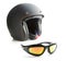 Motorcycle goggles and helmet.