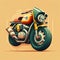 a motorcycle with a helmet on the back of it\\\'s seat and a geary engine on the front