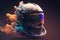 a motorcycle helmet with colorful smoke coming out of the side of the helmet and a man\\\'s face in the middle of the helmet