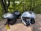 Motorcycle helmets at Teufelstisch, mushroom rock in Hinterweidenthal in the Palatinate Forest