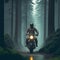 Motorcycle journey through a forest. Close up of a high power motorcycle. On the road. Motorcycle driver riding alone on the road