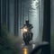 Motorcycle journey through a forest. Close up of a high power motorcycle. On the road. Motorcycle driver riding alone on the road