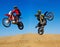 Motorcycle jump, sport and action with stunt and energy on off road track, transportation and people race outdoor