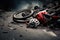 A motorcycle lies on the ground, damaged and abandoned after an accident, Bicycle collision road accident with a broken bike and