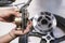 Motorcycle mechanic check brake discs, Brake pads front Brake system at garage ,motorcycle maintenance and repair concept.