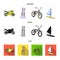 Motorcycle, mountain skiing, biking, surfing with a sail.Extreme sport set collection icons in cartoon,black,flat style