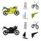 Motorcycle, mountain skiing, biking, surfing with a sail.Extreme sport set collection icons in cartoon,black style