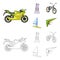 Motorcycle, mountain skiing, biking, surfing with a sail.Extreme sport set collection icons in cartoon,outline style