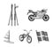 Motorcycle, mountain skiing, biking, surfing with a sail.Extreme sport set collection icons in monochrome style vector
