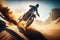 Motorcycle, offroad driving in desert. Driver, cycling and power stunt on desert track, Generative AI