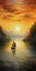 Motorcycle Painting Of A Boat Sailing Into The Horizon At Sunset