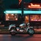 A motorcycle parked in front of a restaurant at night. AI generative image.
