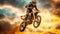 A motorcycle racer rides through the desert and over rough roads at high speeds