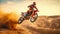 A motorcycle racer rides through the desert and over rough roads at high speeds