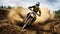 Motorcycle racing in desert. A skilled racer on their motorcycle at high speeds, kick up clouds of dust as they navigate the