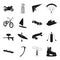 Motorcycle racing, downhill skiing, jumping, parachuting and other sports. Extreme sports set collection icons in black