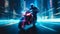 Motorcycle racing in future neon city. Neural network AI generated