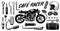 Motorcycle repair. Set of tools for the cafe racer. Bike Gloves Helmet Instruments for motor bicycle. Mending and