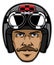 Motorcycle rider with mustache and wearing vintage helmet