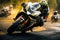 Motorcycle rider rides on the race track. Motosport Concept. Background with copy space.